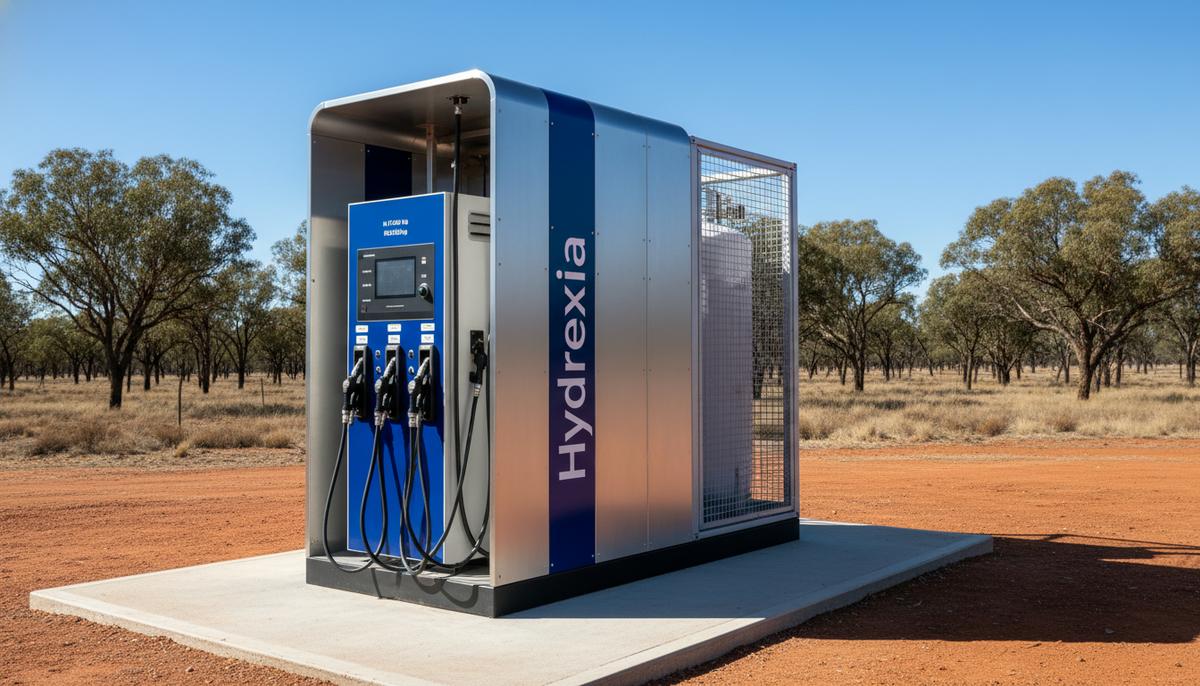 Современная мобильная водородная заправочная станция Hydrexia с заправочными шлангами на фоне австралийского пейзажа.
