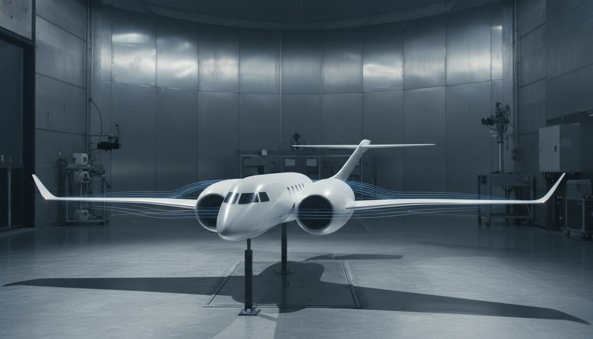 Масштабная модель футуристического водородного самолета с внешними баками, установленная в аэродинамической трубе для испытаний.