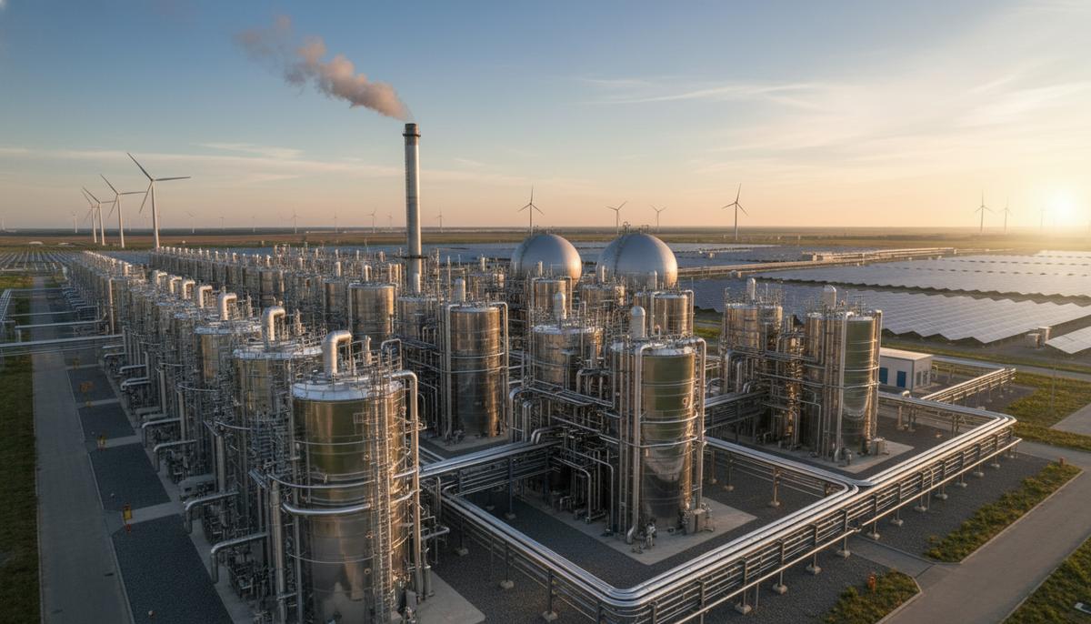 Современный завод по производству зеленого водорода на рассвете с рядами электролизеров и сетью трубопроводов на фоне солнечных панелей.