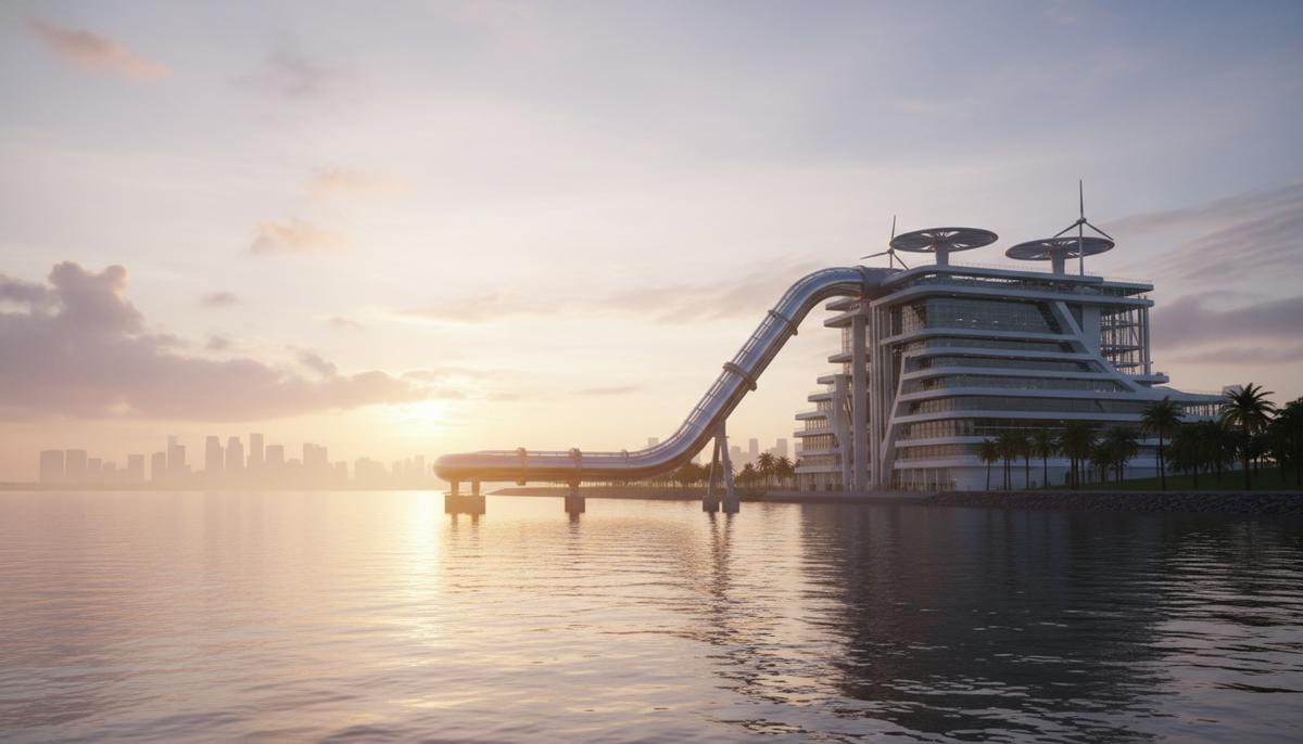 Современный трубопровод для транспортировки водорода, выходящий из воды и идущий к футуристической электростанции на побережье Сингапура.