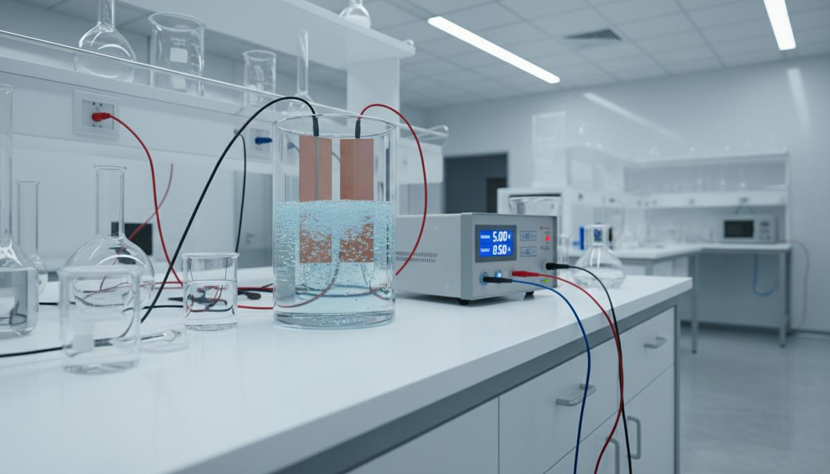 Водород из отходов: новый метод получения из глицерина Электролизная ячейка с электродами в современной лаборатории, рядом лабораторная посуда и измерительные приборы.