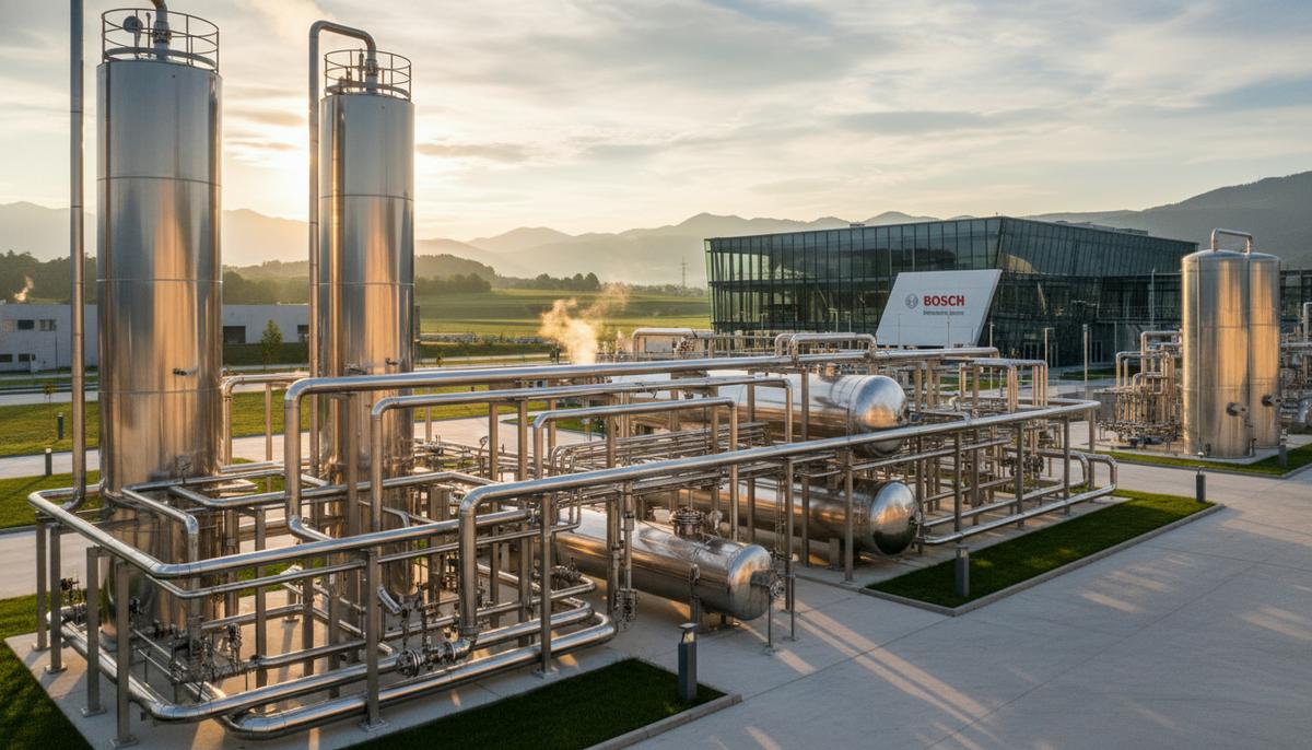 Современный электролизер для производства водорода с хромированными резервуарами и сетью трубопроводов на территории промышленного объекта в Линце.