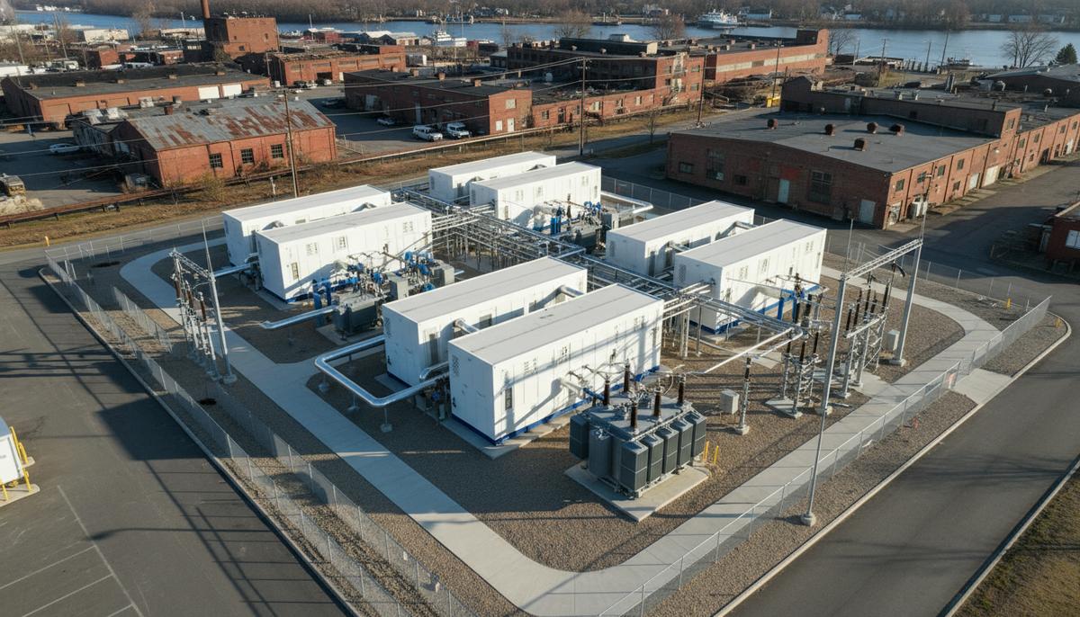 Вид с воздуха на современную электростанцию на топливных элементах. Белые модульные блоки, трубы и трансформаторы на территории промзоны.