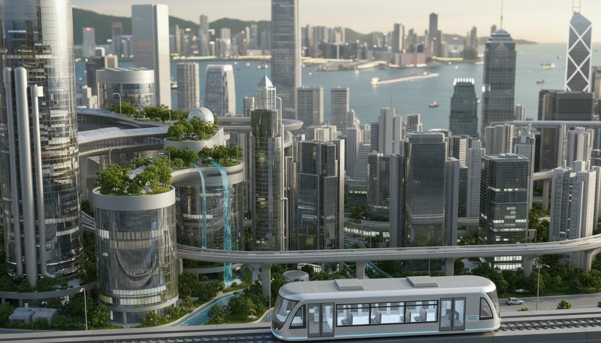 Детализированный макет футуристического города с чистой архитектурой, зелеными зонами и элементами водородной инфраструктуры.