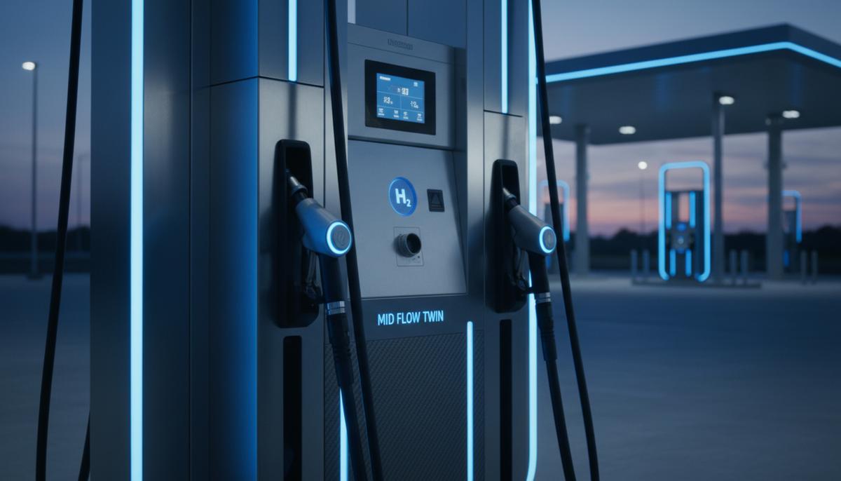 HRS и Toyota совершили прорыв в технологии водородных заправок Современная водородная заправочная колонка с двумя пистолетами на фоне футуристической станции в сумерках.