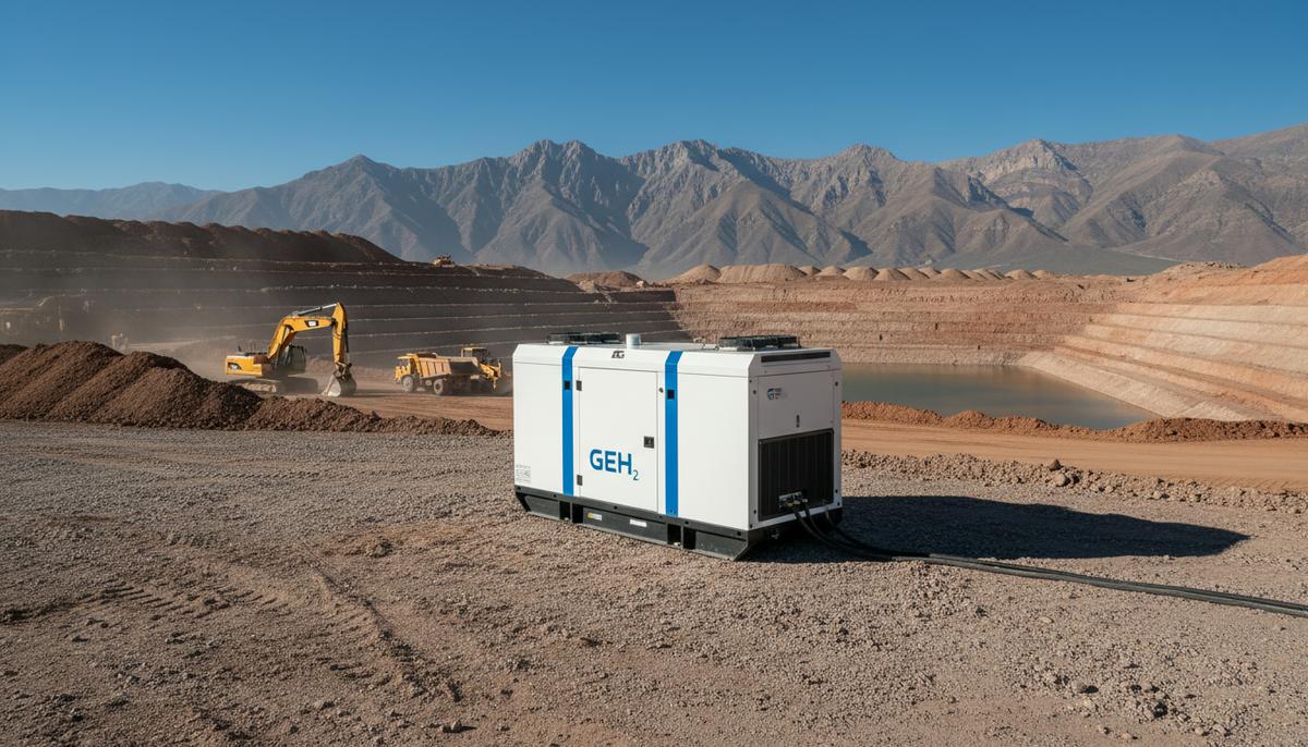 Современный водородный генератор на строительной площадке по расширению водохранилища Карен в Чили на фоне горного пейзажа.