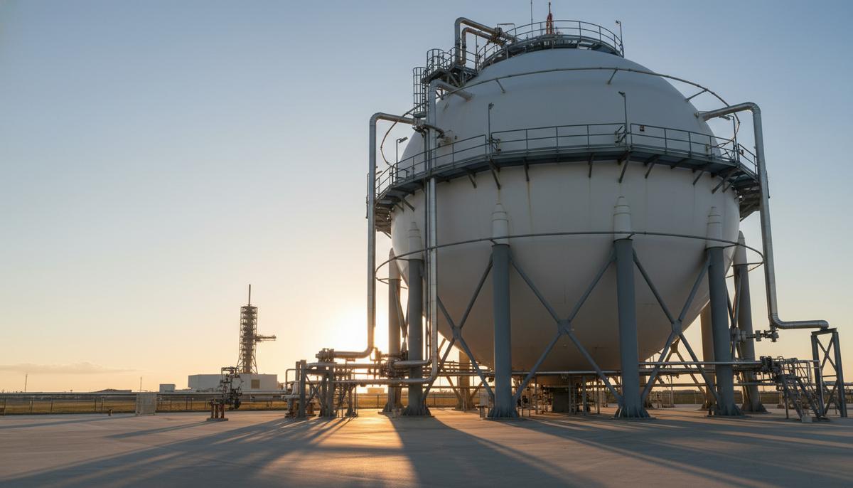 Огромный белый сферический резервуар для хранения жидкого водорода на космодроме NASA, окруженный трубопроводами и опорными конструкциями.