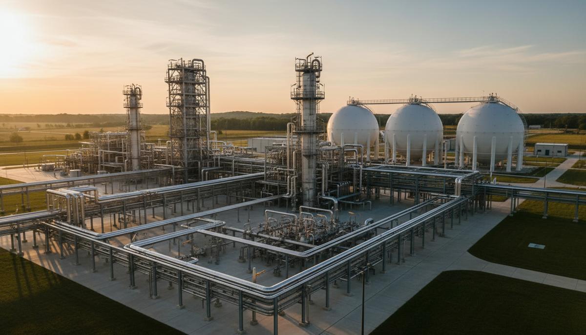 Baker Hughes поставит оборудование для завода чистого аммиака в Индиане Завод по производству чистого аммиака с трубами и резервуарами на фоне рассветного неба.