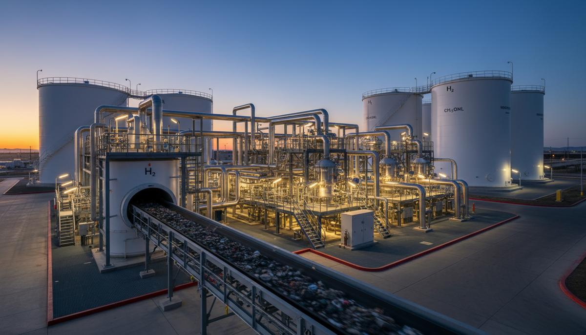 Современный завод по переработке отходов в водород. Конвейер с мусором ведет к комплексу реакторов и трубопроводов.