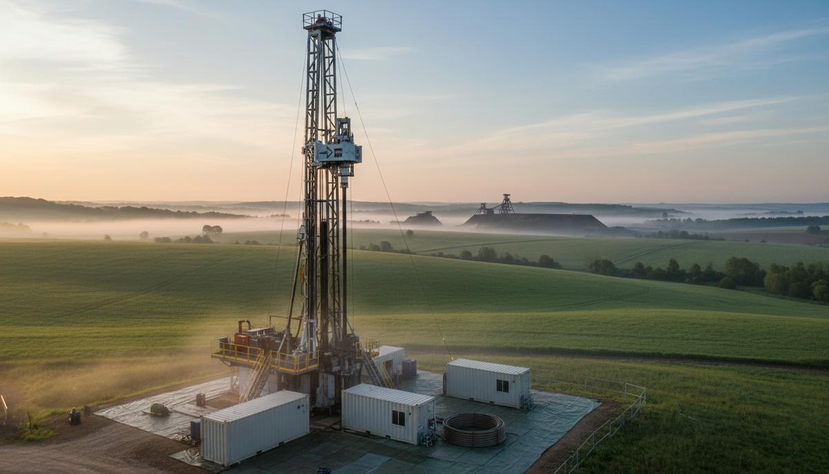 Разведка природного водорода во Франции: FDE получила первую лицензию Современная буровая установка для разведки природного водорода на фоне холмистого пейзажа Лотарингского бассейна во Франции.