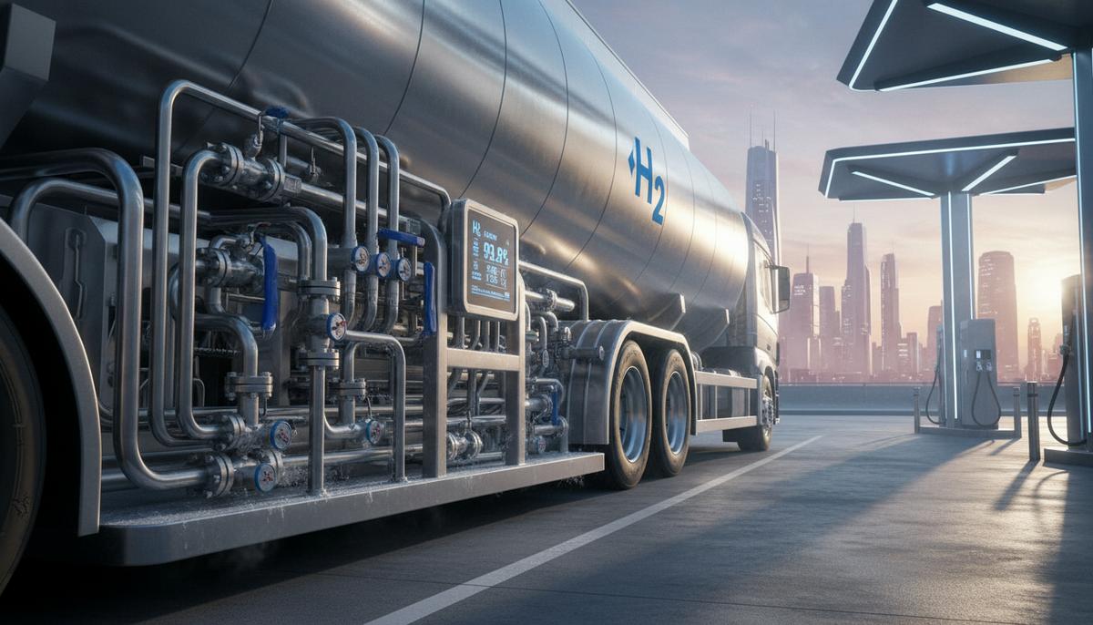 Alfa Laval и ArianeGroup: космические технологии для перевозки водорода Цистерна для перевозки жидкого водорода с криогенным насосом на футуристической заправочной станции. На виду сложная система труб и клапанов.