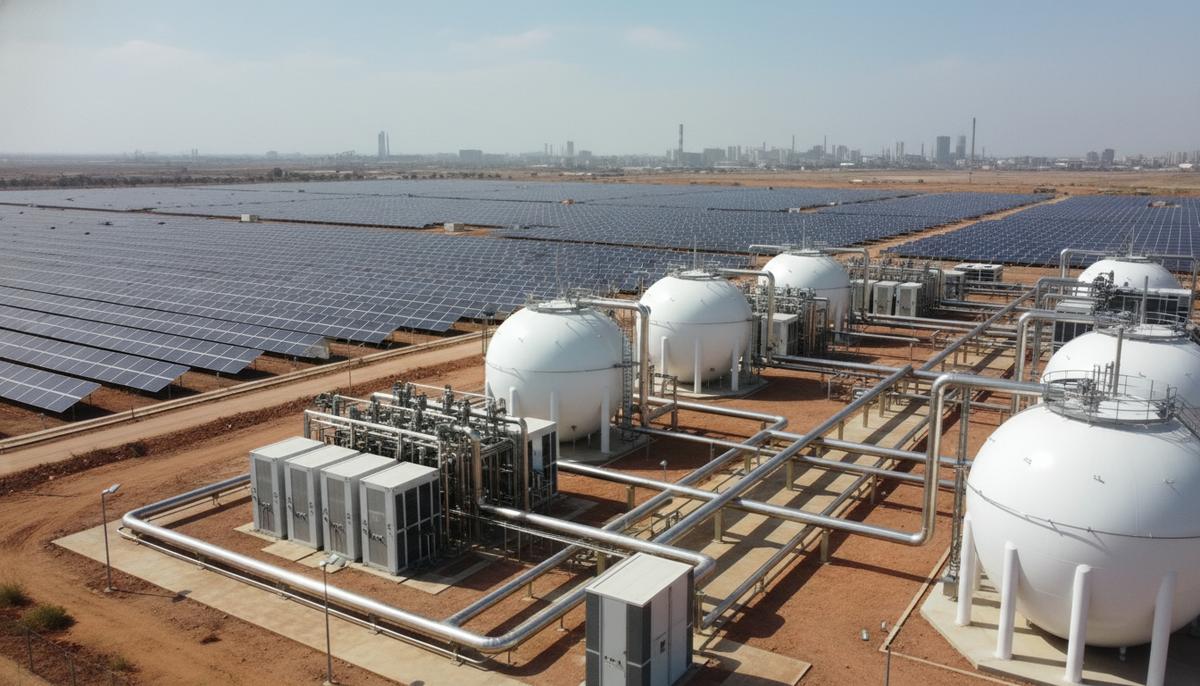 Современный завод по производству зеленого водорода с электролизерами и резервуарами на фоне поля солнечных панелей в Индии.