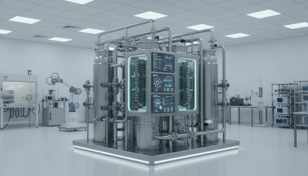 Hydrogenera оснастит новый водородный исследовательский хаб в Италии Современная установка для электролиза водорода в научно-исследовательской лаборатории. Система состоит из металлических труб, датчиков и цифровых панелей управления.