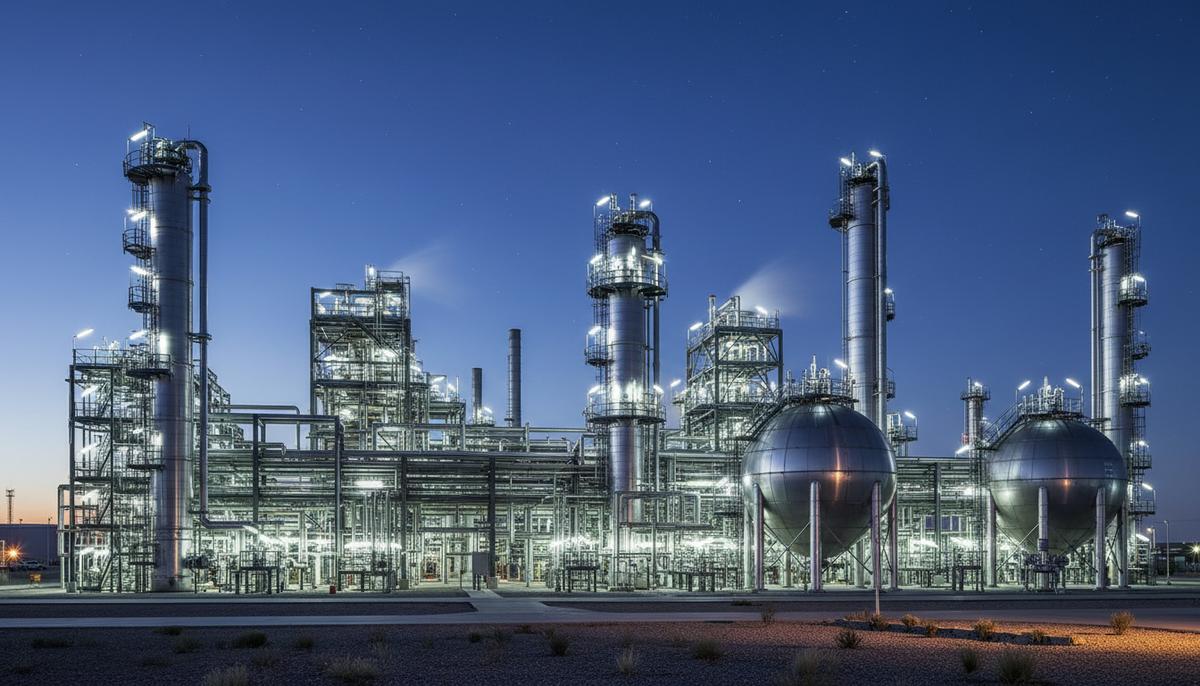 Промышленный комплекс завода по производству аммиака в сумерках: подсвеченные стальные трубы, колонны и сферические резервуары.