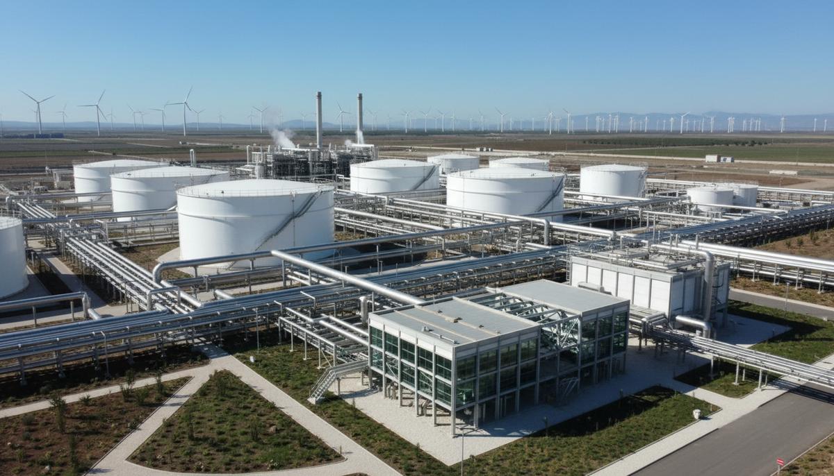 Германия: €350 млн на крупнейший в стране завод по производству e-SAF Современный завод по производству авиатоплива с комплексом труб и резервуаров на фоне ветроэлектростанции.