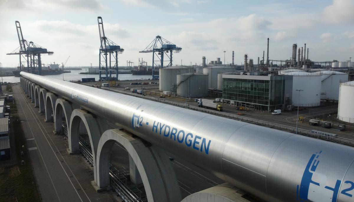 Новый трубопровод для транспортировки водорода на фоне промышленного пейзажа порта Роттердам с кранами и резервуарами.