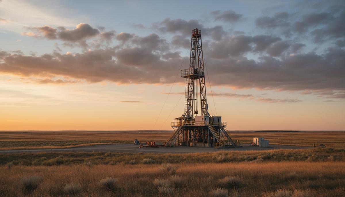 Современная буровая установка для добычи природного водорода стоит в бескрайней прерии Саскачевана на рассвете.