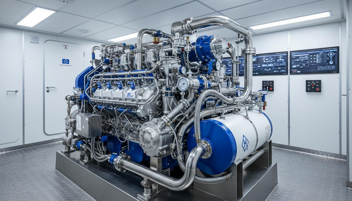 Японский прорыв: Yanmar сертифицировала водородный судовой двигатель Современный водородный судовой двигатель в чистом, освещенном машинном отделении. Рядом видны трубы и бак с водородом.