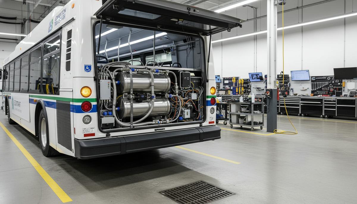 Канада: Эдмонтон тестирует водород на городских автобусах Городской автобус в светлом ремонтном цеху с открытым моторным отсеком, где видны компоненты водородной топливной системы.
