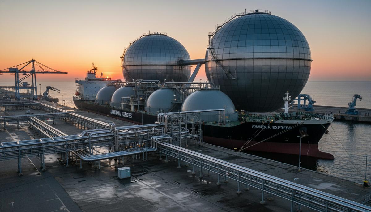 Промышленный портовый терминал с большими сферическими резервуарами для хранения аммиака и пришвартованным танкером-газовозом.