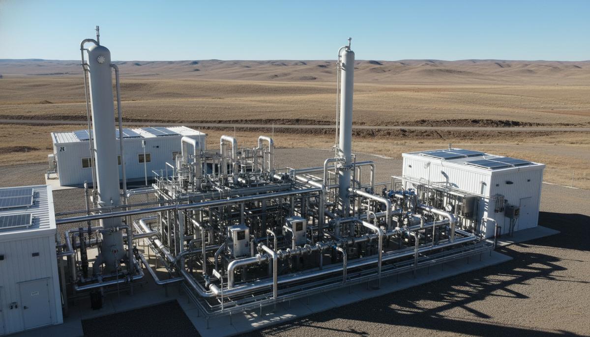 Пилотная установка по производству водорода с комплексом труб и резервуаров на фоне холмистого пейзажа Вайоминга.