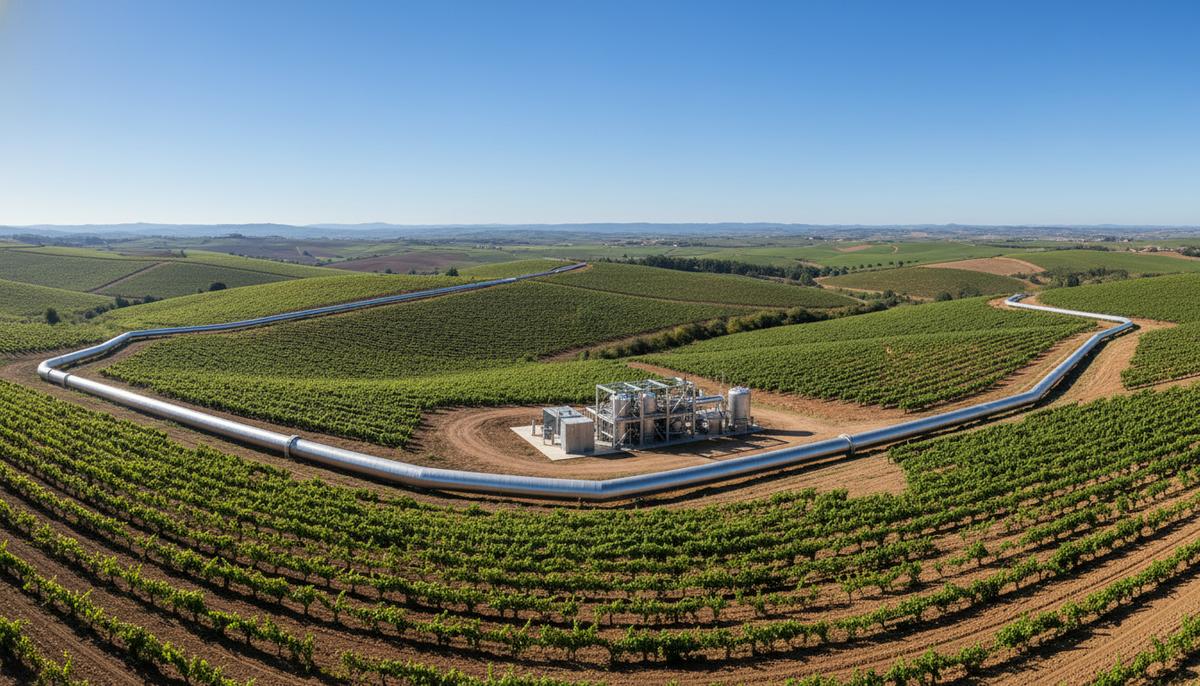 Новый водородный трубопровод и компрессорная станция в холмистом пейзаже с виноградниками в регионе Риоха, Испания.