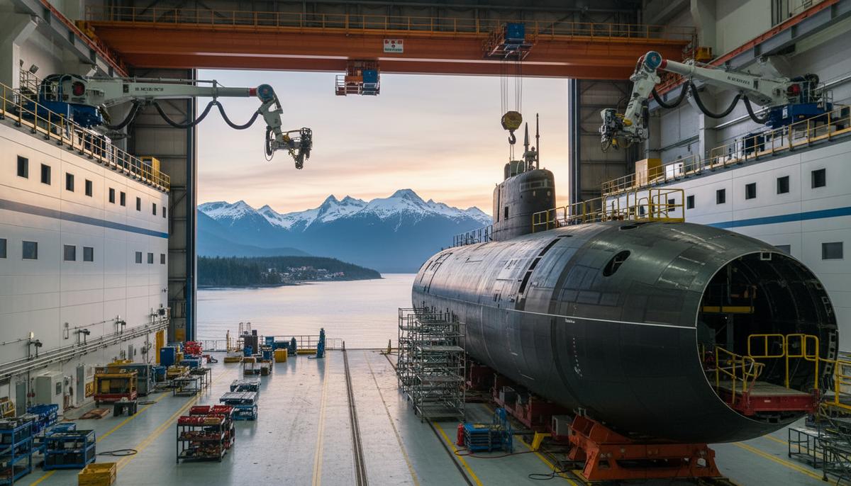 Современная подводная лодка в сухом доке судостроительной верфи на фоне канадского побережья на рассвете.