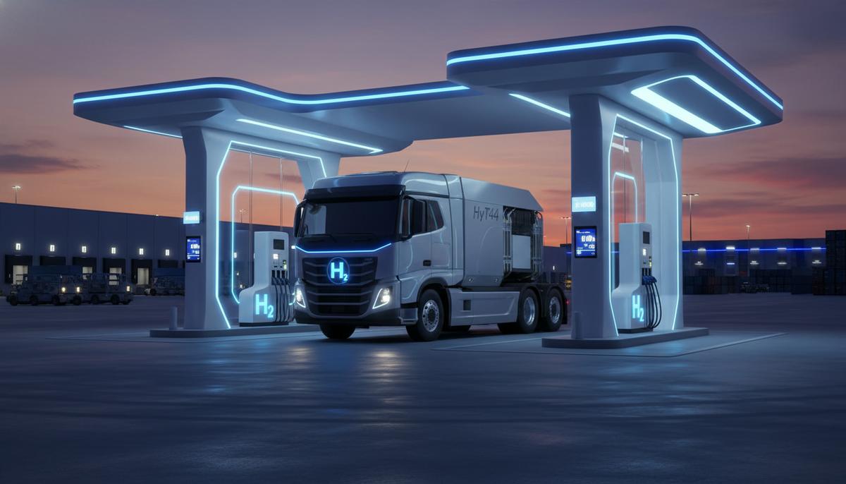 Современный водородный грузовик HyT44 на футуристической заправочной станции с H2-диспенсерами в сумерках.