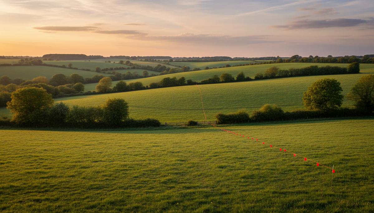 Просторный зеленый пейзаж с холмами английской сельской местности, через который тянется линия флажков для геодезической разметки будущего трубопровода.