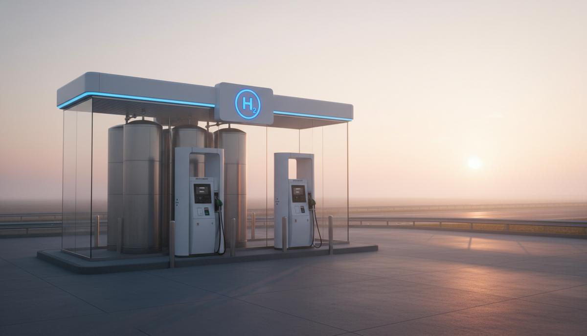 Современная водородная заправочная станция на рассвете. Видны заправочные пистолеты, баки для хранения газа и знак H2.