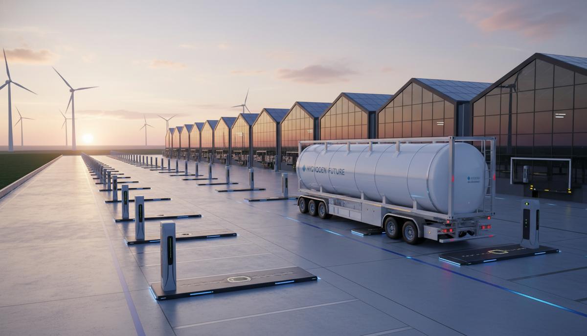 Современный белый контейнер для транспортировки водорода типа 4 на фоне чистого промышленно-логистического парка.