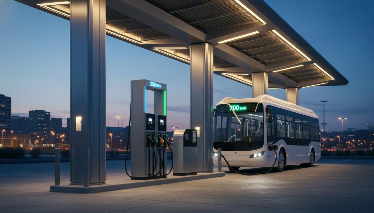 Водородная заправочная станция с заправочными колонками на 350 и 700 бар и припаркованным у них водородным автобусом.