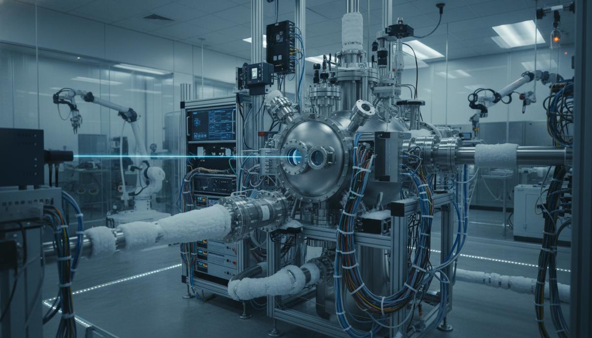 Экспериментальная установка в лаборатории: вакуумная камера, соединенная с покрытыми инеем стальными трубами и датчиками.