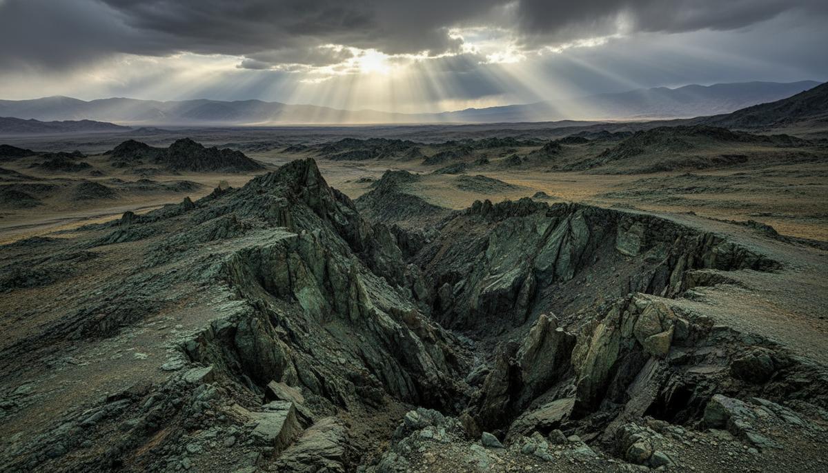 Горный ландшафт Тибетского плато с обнаженными темно-зелеными офиолитовыми породами и глубокими трещинами в земле.