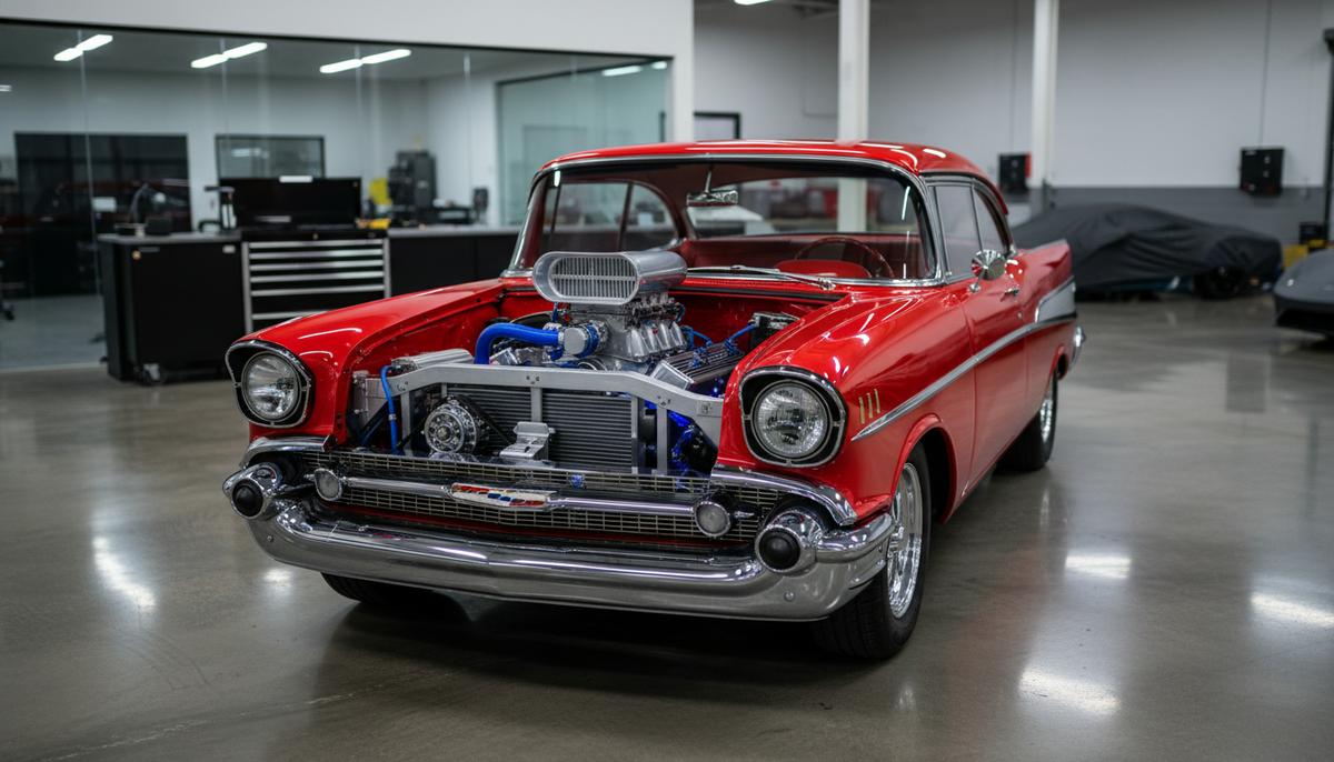 Красный классический автомобиль Chevrolet Bel Air 1957 года с открытым капотом, под которым виден современный водородный двигатель.