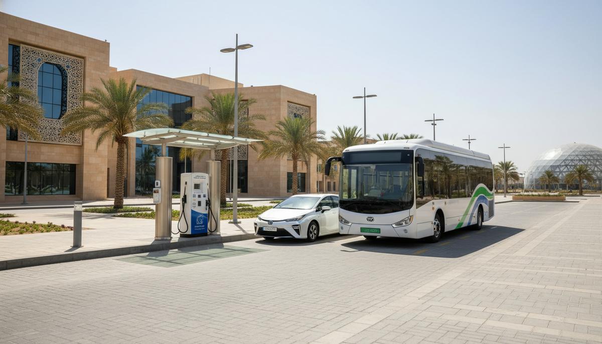 Современный водородный автобус, легковой автомобиль Toyota Mirai и заправочная станция на территории университетского кампуса в Саудовской Аравии.