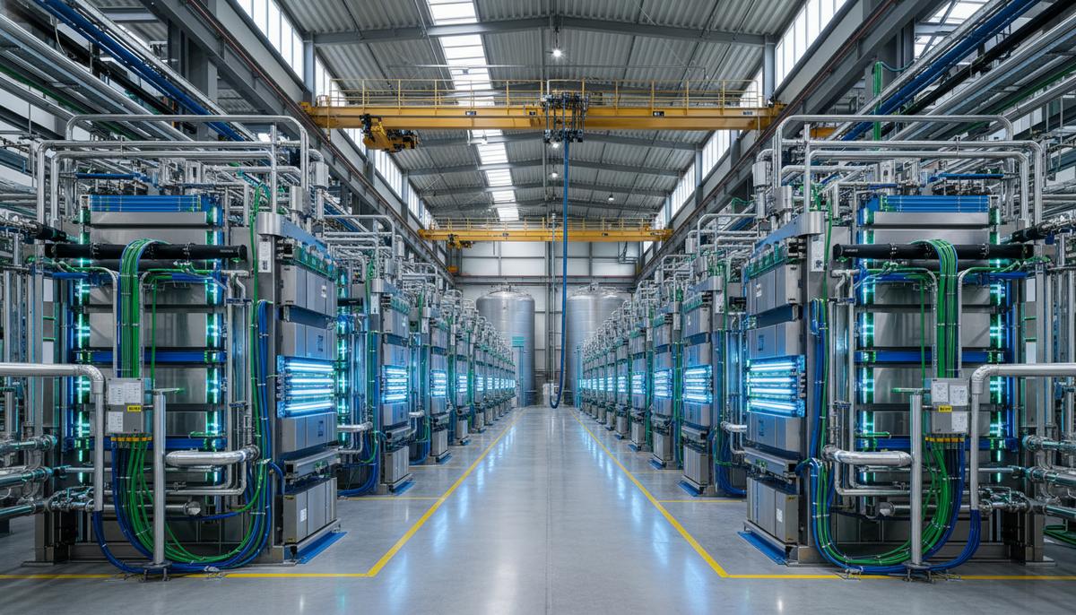 Современный завод по производству зеленого водорода. Ряды больших металлических электролизеров с трубами в чистом промышленном цеху.