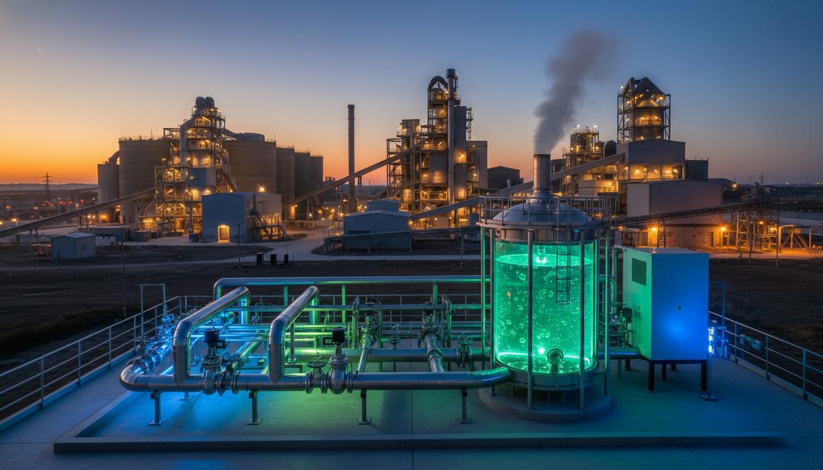 Промышленный комплекс по переработке отходов в энергию: сеть стальных труб и реакторов на фоне цементного завода.