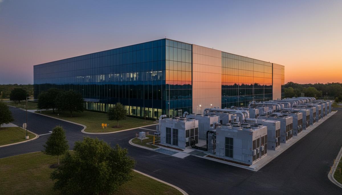 Современное здание дата-центра Amazon на фоне заката рядом с рядом промышленных дизельных генераторов в пригородной зоне.