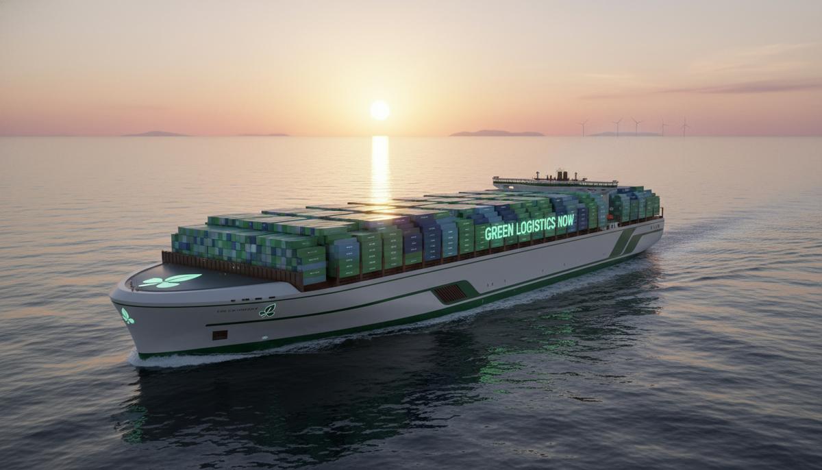 Большой контейнеровоз с грузовыми контейнерами плывет по Атлантическому океану в лучах восходящего солнца.