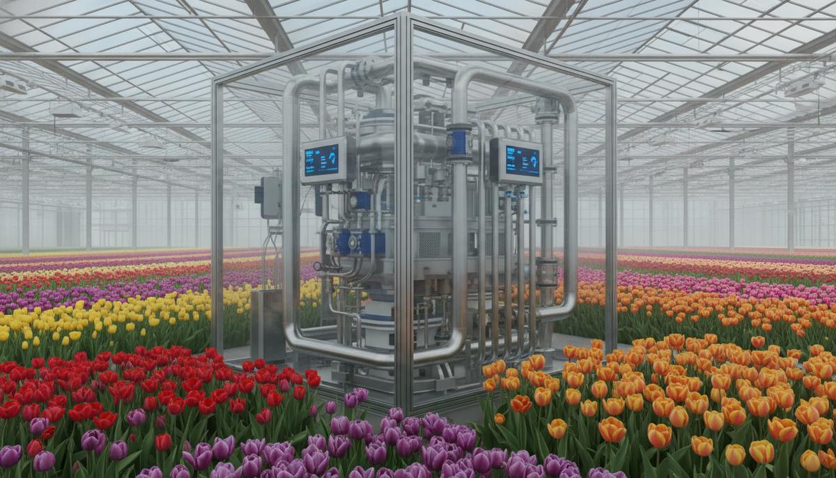 Промышленная установка для производства водорода с трубами и датчиками внутри современной теплицы с рядами цветущих тюльпанов.
