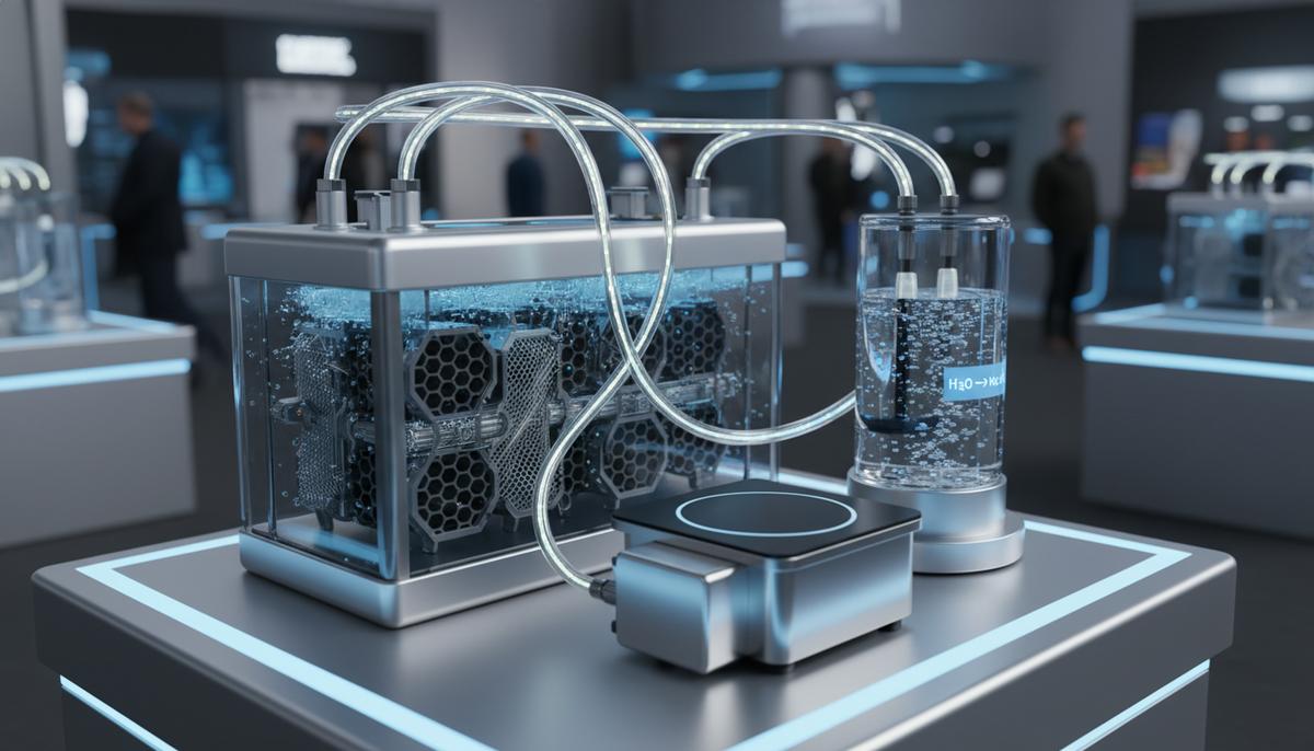 Фестиваль будущего: водородные технологии объясняют с помощью игр Выставочный стенд с инновационным аккумулятором, вырабатывающим водород для небольшой кухонной плиты на научной выставке.