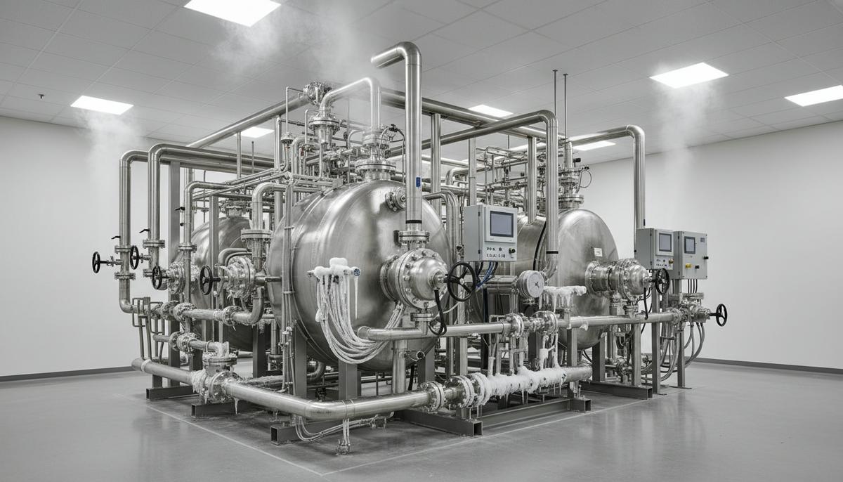 Современная испытательная установка для жидкого водорода с криогенными резервуарами, стальными трубами и датчиками в лаборатории.