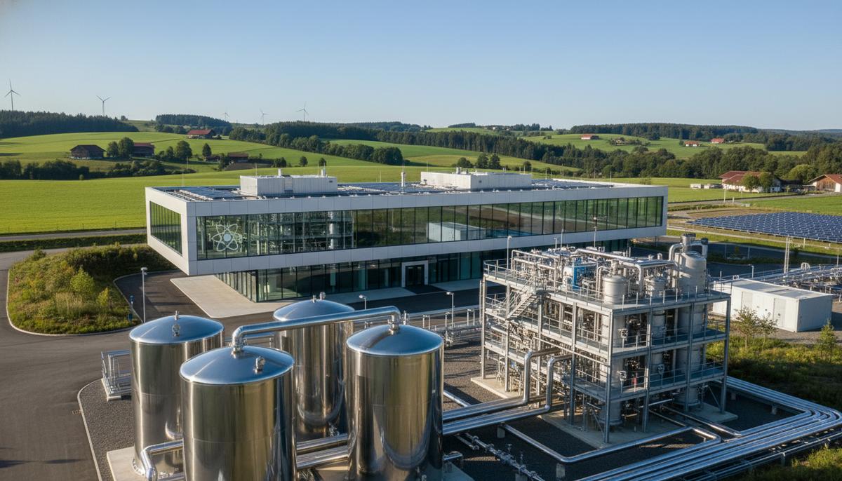 Водородный хаб в Баварии: 54 млн евро на технологии будущего Резервуары для хранения водорода и современное здание инновационного центра на фоне зеленых холмов Баварии.
