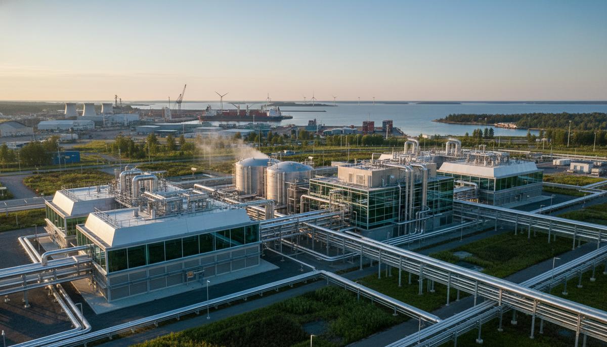 Современный завод по производству водородного топлива с резервуарами и трубопроводами в промышленном порту Вихреэсаари, Оулу.