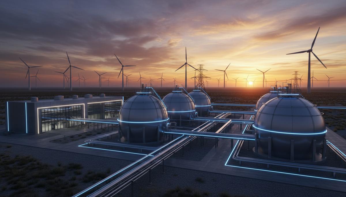 Исследование BDEW: водородный рынок Германии на грани стагнации Современный завод по производству водорода с резервуарами и трубопроводами на фоне ветряных турбин на закате.