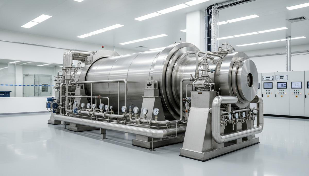 Современная вращающаяся печь из нержавеющей стали в цехе завода по переработке. Оборудование окружено трубами и датчиками.