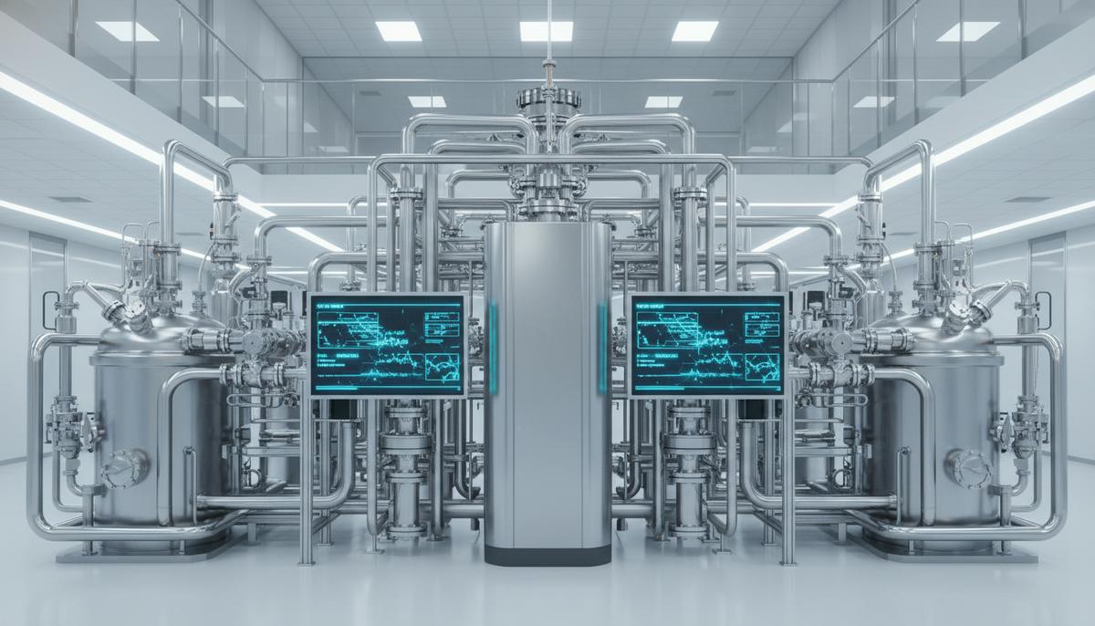 Промышленная установка для производства синтетического топлива в современной лаборатории. Сложная система из стальных реакторов, труб и клапанов с цифровыми панелями.
