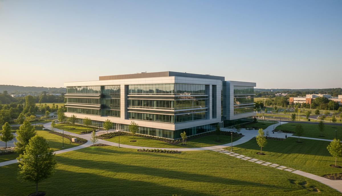 Современное стеклянное здание штаб-квартиры водородной компании Plug Power, расположенное в зеленом технологическом парке.