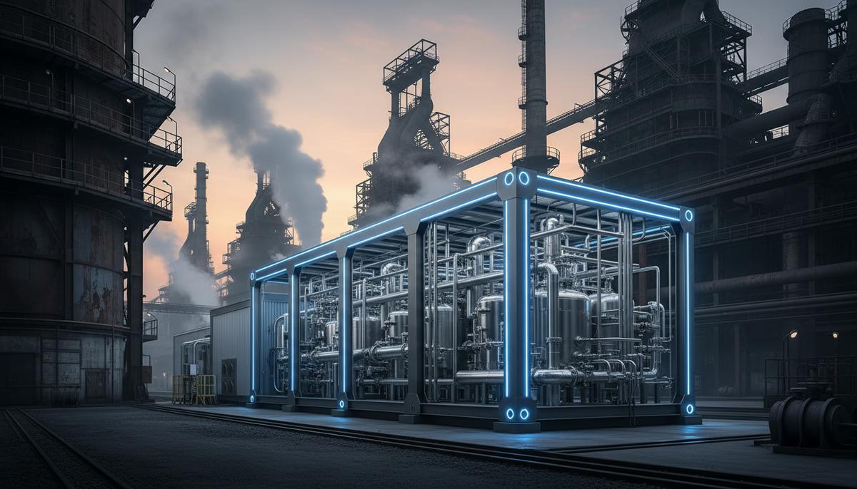 Utility Global: $100 млн на водородную декарбонизацию промышленности Современный модуль для производства водорода, установленный на территории крупного промышленного завода среди труб и металлоконструкций.